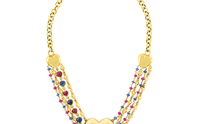 Gold, Cabochon Ruby and Sapphire and Gem-Set Bead Chain Pendant-Necklace