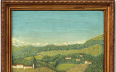 Ignoto "Paesaggio montano" olio su compensato (cm 29,5x39,5) in cornice (lievi difetti)