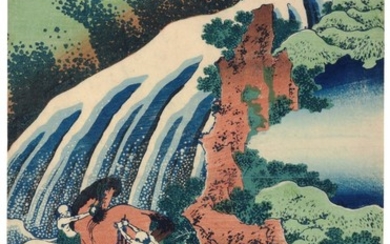 KATSUSHIKA HOKUSAI (1760–1849), EDO PERIOD, 19TH CENTURY | YOSHITSUNE'S HORSE-WASHING FALLS AT YOSHINO IN YAMATO PROVINCE (WASHÛ YOSHINO YOSHITSUNE UMA ARAI NO TAKI)
