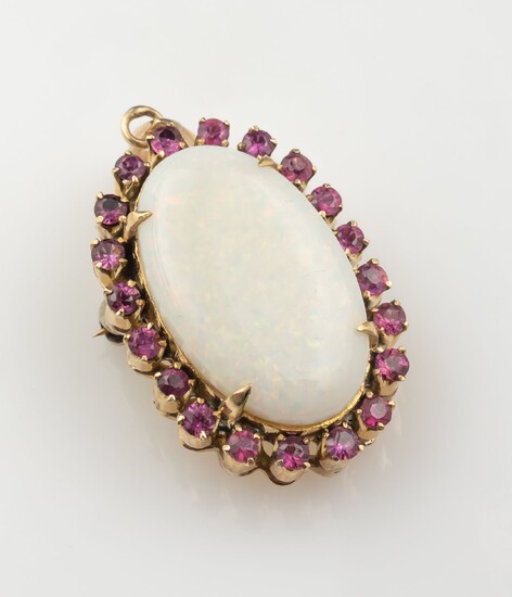 14 kt gold pendant/brooch with opal and rubies,...