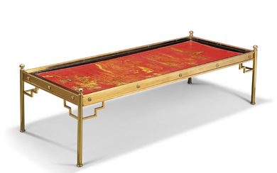 A LACQUERED BRASS LOW TABLE INSET WITH A CHINESE RED LACQUER PANEL, BY MALLETT, 20TH CENTURY, THE PANEL18TH/19TH CENTURY