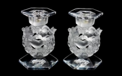 * A Pair of Lalique Molded and Frosted Glass Candlesticks