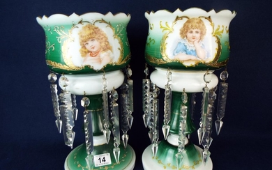 Near pair of Edwardian milk glass lustres with all glass present. No damage. 14 inches tall.