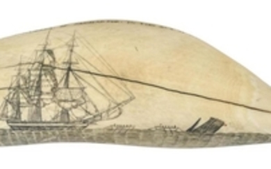 POLYCHROME SCRIMSHAW WHALE'S TOOTH BY EDWARD BURDETT Inscribed on lower edge "Engraved, By Edward Burdett. Onboard Of The. Wm Tell."..