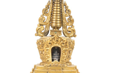 A repoussé gilt-bronze stupa