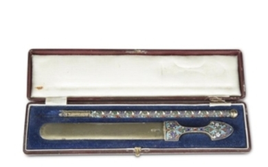 A Russian silver-gilt and cloisonné enamel desk set likely...