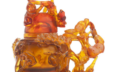 A SMALL CARVED AND PIERCED AMBER 'THREE FRIENDS OF WINTER' VASE AND COVER, 18TH-19TH CENTURY