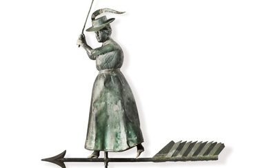 VERY FINE AND RARE MOLDED FULL BODIED SHEET COPPER AND ZINC STANDING FEMALE GOLFER WEATHERVANE, CIRCA 1900