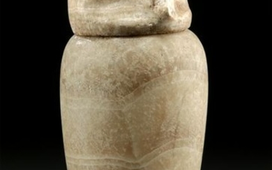 Egyptian Calcite Alabaster Canopic Jar w/ Baboon Lid