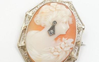 14k Carved Shell Cameo Brooch Woman w Diamond Earring
