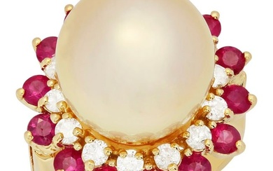 14k Yellow Gold 14mm Pearl 1.42ct Ruby 0.68ct Diamond Ring