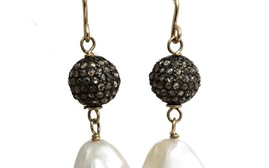 14k Yellow Gold Freshwater Pearl and Brown Diamond Drop Earrings