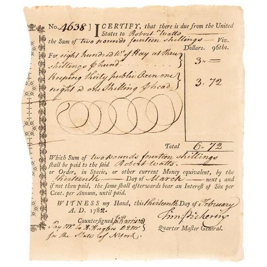 1782 United States Revolutionary Fiscal Document