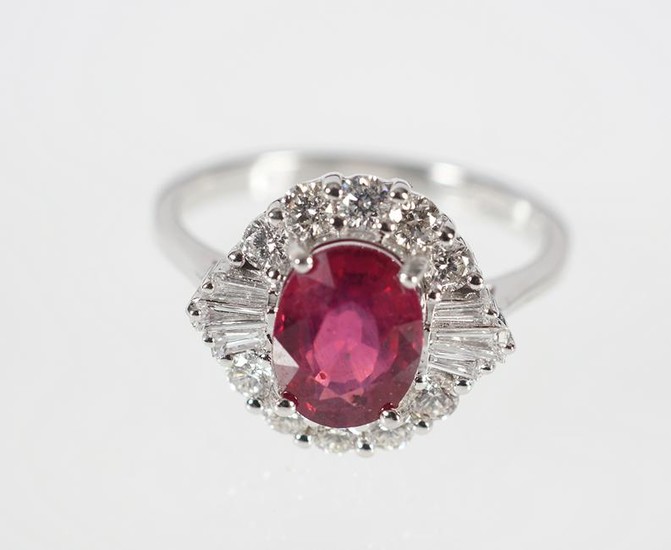 18CT WHITE GOLD RUBY & DIAMOND CLUSTER RING