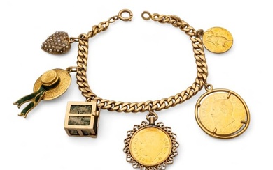 18K Gold Chain Bracelet with Charms And Gold Coins L 6.5" 36g