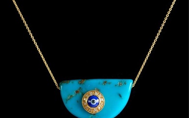 18K Yg Turquoise & Diamond Pendant Necklace