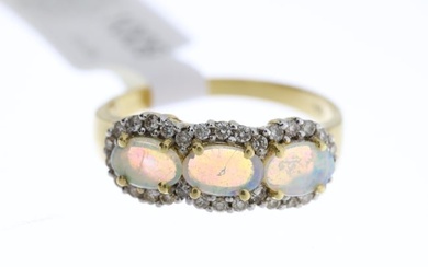 18ct Opal and Diamond Triple Cluster Ring, three clusters, Opal with diamond surrounds, 18ct
