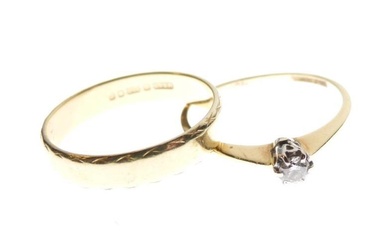 18ct gold and solitaire diamond ring, size L, together...