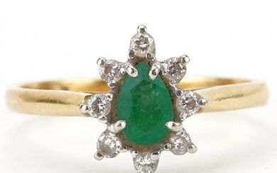 18ct gold teardrop emerald and diamond cluster ring, size M,...
