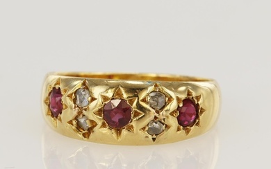 18ct yellow gold Edwardian diamond and ruby gypsy ring, set ...