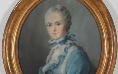 18th century old master pastel oval portrait of a young woman in blue dress. Framed. 22.5 x 19.5in