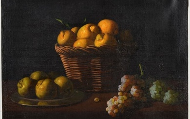 18th/19th century Spanish school old master still life painting. Basket of lemons and fruit on a