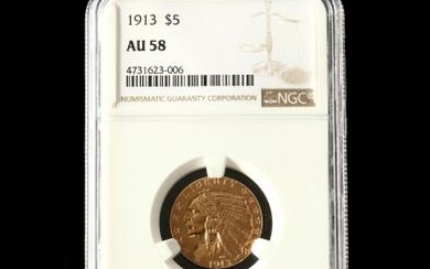 1913 $5 Gold Indian Head Half Eagle, NGC AU58