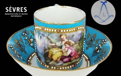 19th C. Jeweled Large Sevres Cup & Saucer