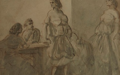 19th Century Continental School, Women in an interior, Ink on paper mounted to board, Sight: 5.25" H