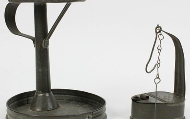 19th c Saucer Base Tin Lamp Stand and Lamp