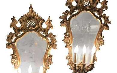 19thc 3Light Gilt Carved Wood Mirrored Sconces