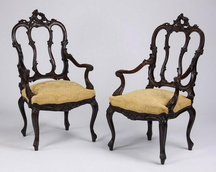 (2) 19th c. French Rococo style carved oak armchairs