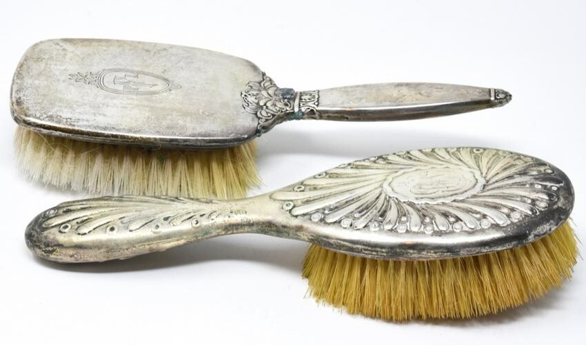 2 Antique Sterling Silver Hair Brushes