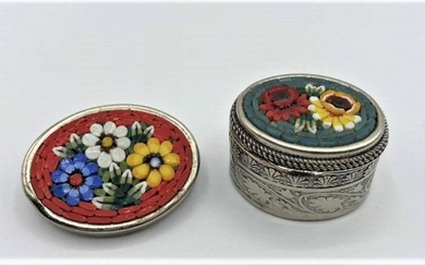 [2] Micro Mosaic, Italy, Silver Brooch, Silver Pill Box