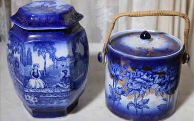 2 pieces of flow blue, ginger jar and biscuit