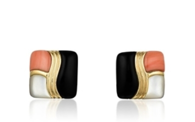 A Pair of 14K Gold Coral Onyx and Mother of Pearl Earrings
