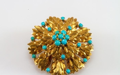 18 kt. Yellow gold - Brooch - Turquoises