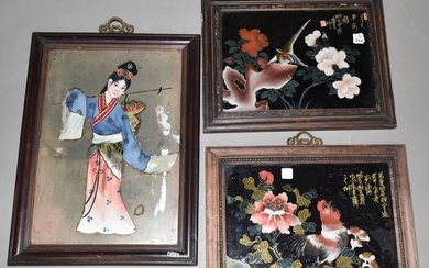 3 Vintage Chinese Reverse Paintings. Two with bird motif 15 x 19 inches each. Quan Yin reverse