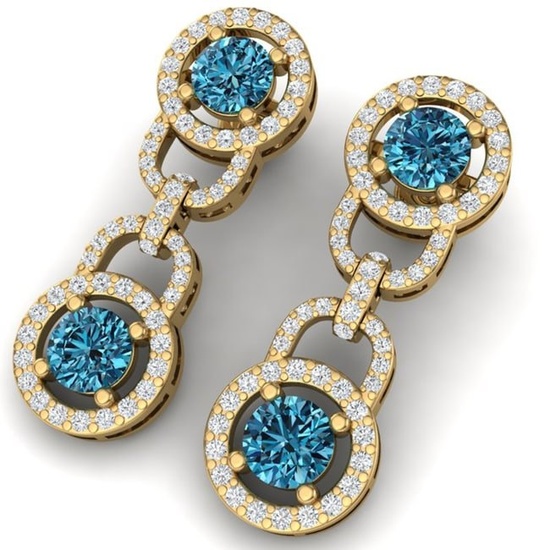 4 ctw SI/I Intense Blue Diamond Earrings 18K Yellow Gold
