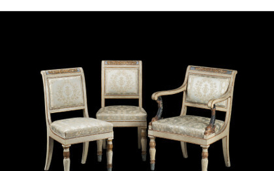 A lacquered wooden armchair and two chairs. 18th century (defects)