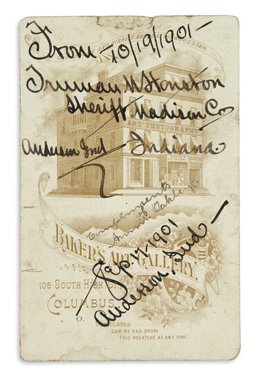 OAKLEY, ANNIE. Photograph Signed and Inscribed, "Compliments," on verso of cabinet card half-length...