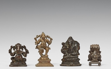 Four South Indian metal figures of the four-armed Ganesha. 17th/20th century