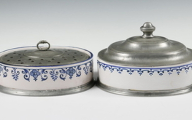 (2) PEWTER MOUNTED & LIDDED POTTERY DISHES