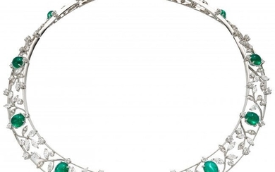 55014: Cat's-Eye Emerald, Diamond, White Gold Necklace