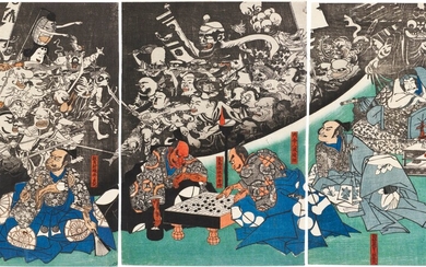 UTAGAWA KUNIYOSHI (1797–1861) THE EARTH SPIDER CONJURES UP DEMONS AT THE MANSION OF MINAMOTO RAIKO (MINAMOTO YORIMITSU KO NO YAKATA NI TSUCHIGUMO YOKAI NO NASU ZU) EDO PERIOD, 19TH CENTURY