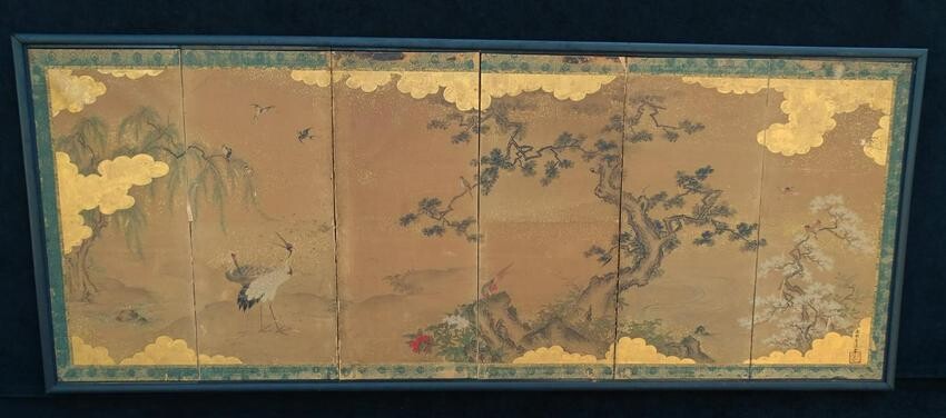 6 PANEL JAPANESE SCREEN LANDSCAPE WITH TREES & BIRDS