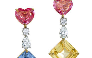 A pair of sapphire and diamond pendant earrings