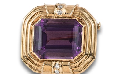 80'S BROOCH IN GOLD WITH SYNTHETIC AMETHYST AND DIAMONDS