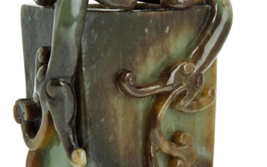 A GREEN AND BROWN JADE 'CHILONG' VASE