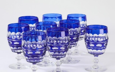 (9) Bohemian cobalt wine glasses
